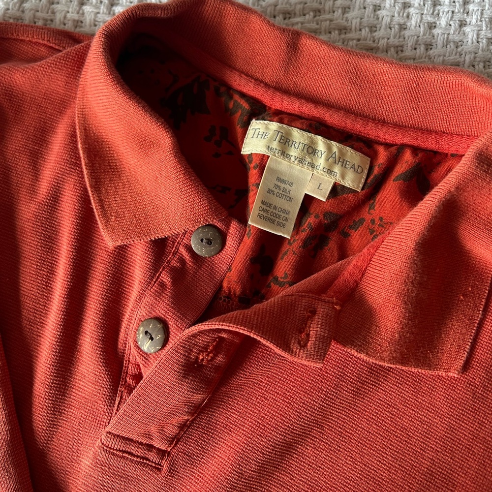Red orange silk & cotton polo shirt men's size large